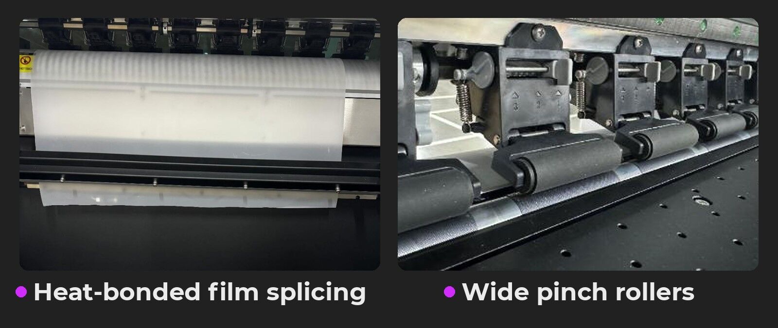 DTF printer heat-bonded film splicing device and wide pinch rollers
