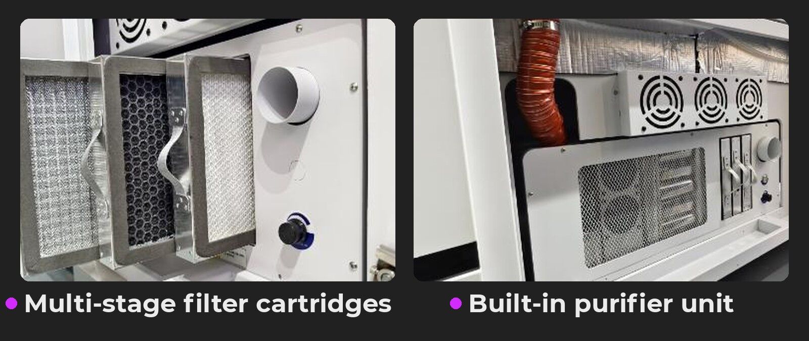 Multi-stage filter cartridges and built-in air purifier unit on a DTF powder shaker