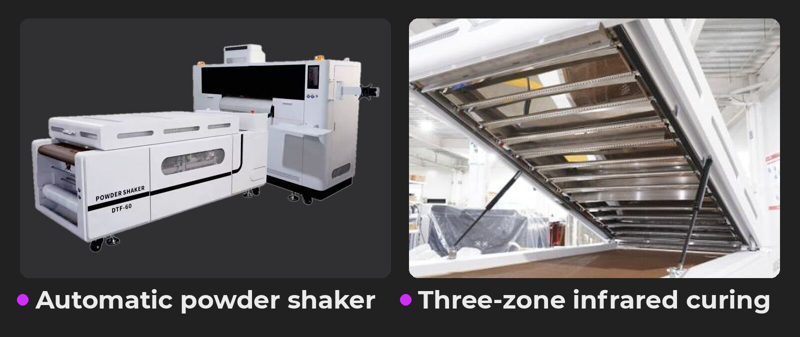 Adelco automatic DTF powder shaker and its three-zone infrared curing section